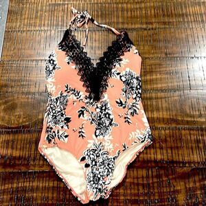 Sea Angel one piece swimsuit black lace coral crochet V-neck M swim halter
